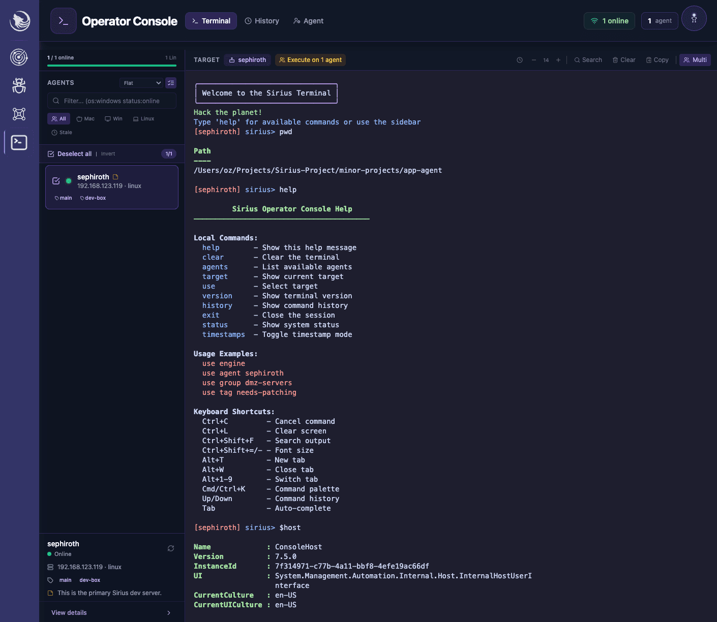 Operator Console terminal showing interactive command execution and agent targeting interface