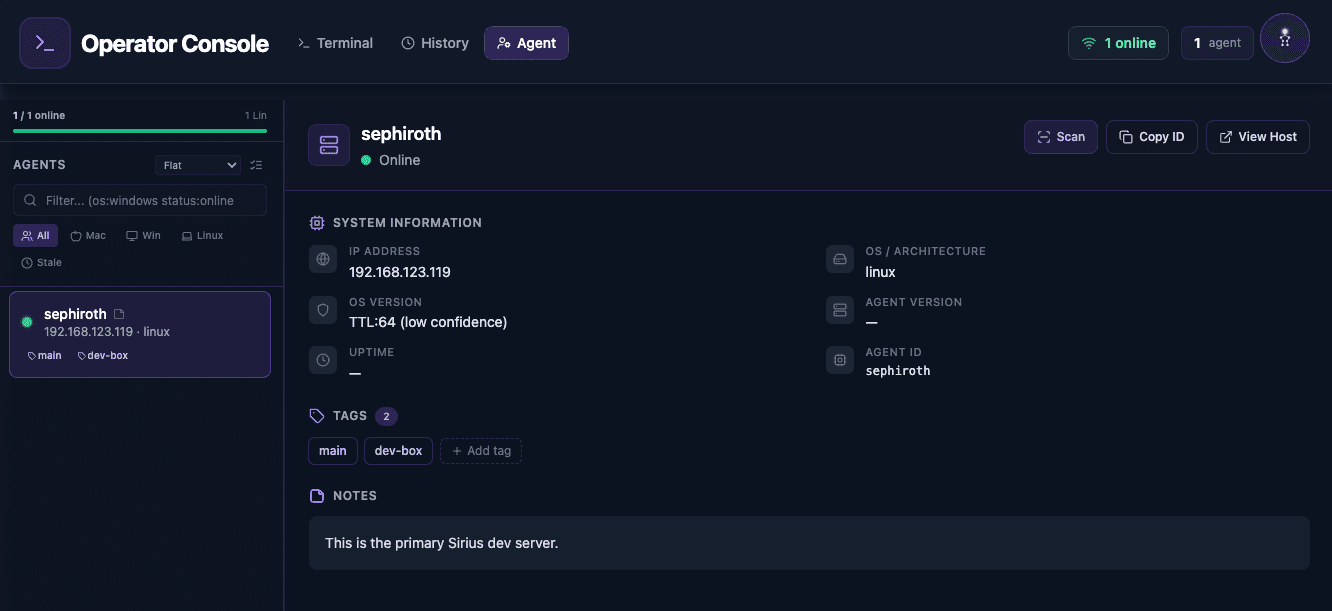 Operator Console agent management view showing connected agents with health status and targeting options