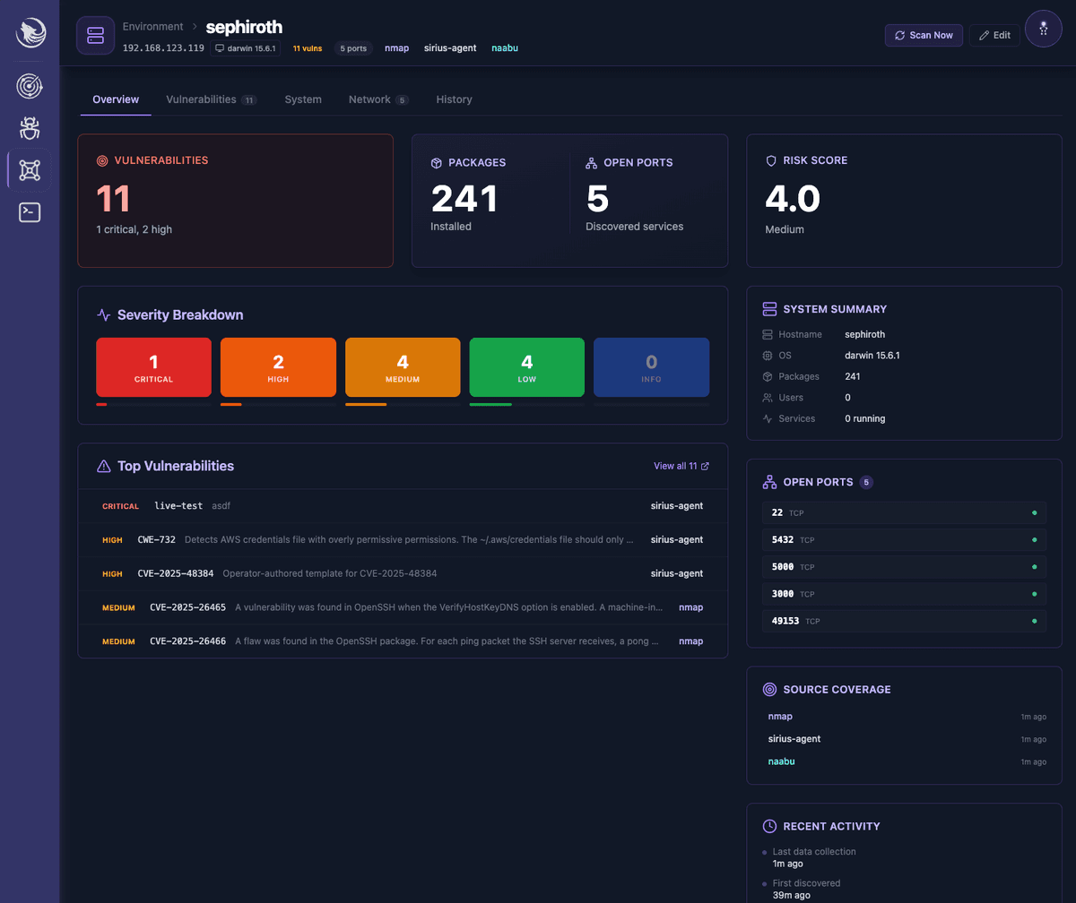 Sirius Scan host detail view showing vulnerability counts, services, and system information for a discovered asset