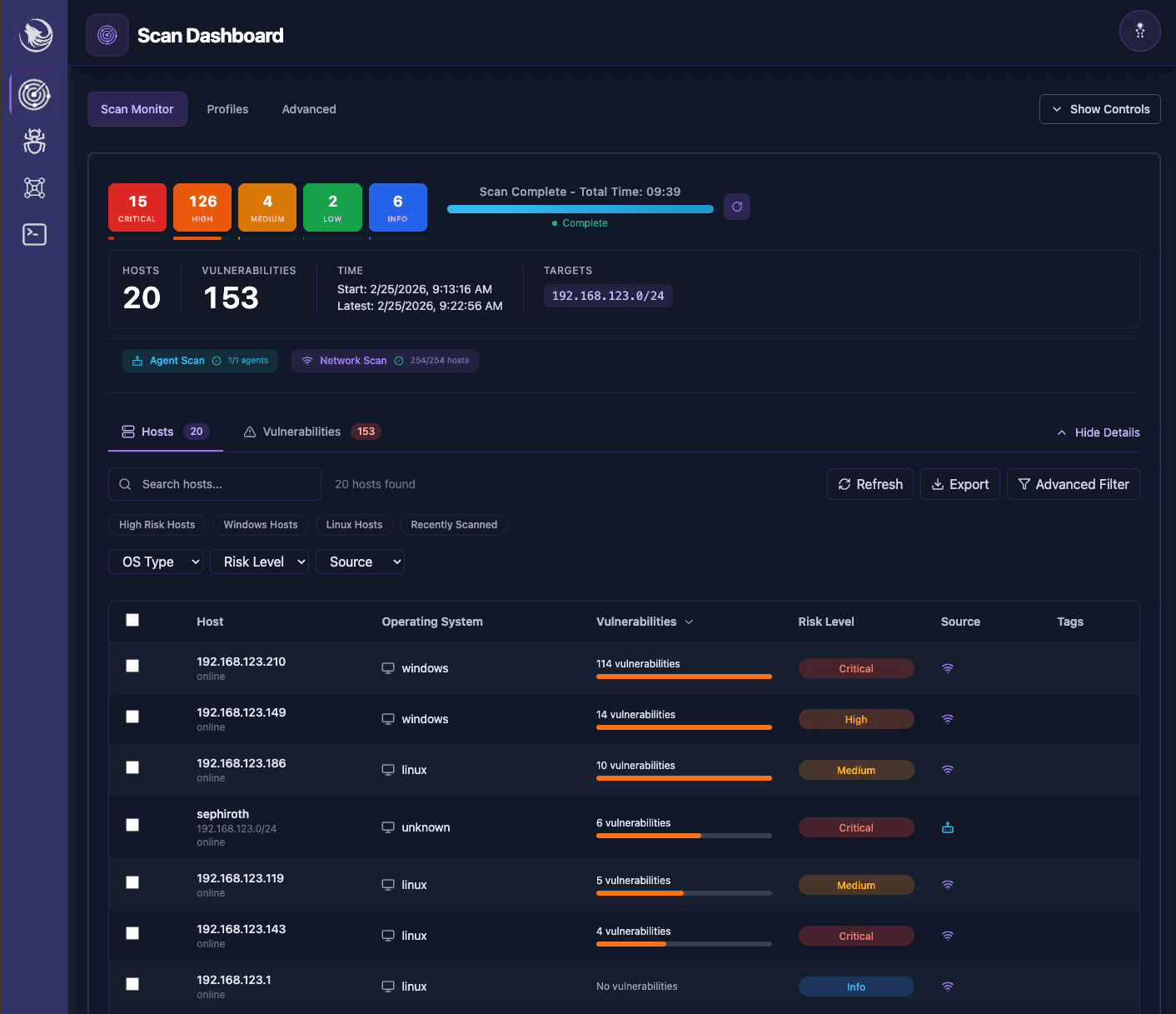 Scanning interface with scan profile controls, target configuration, and real-time progress