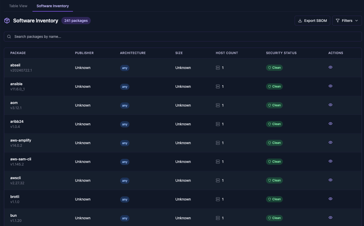 Software inventory table listing installed packages with architecture metadata and security status