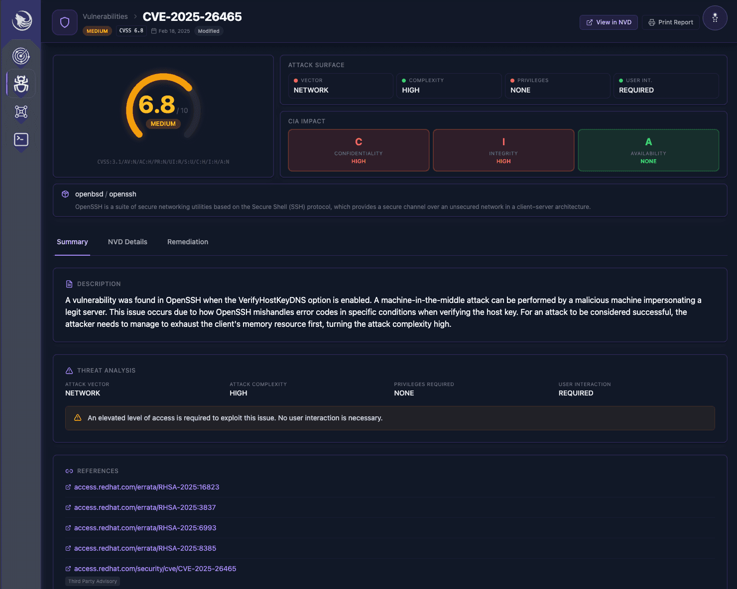 CVE detail page showing CVSS score breakdown, attack vector, affected systems, and remediation guidance