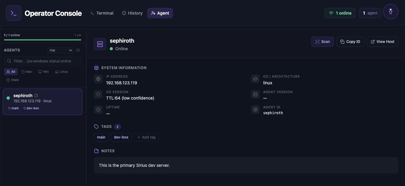 Operator Console agent management view showing connected agents with health status and targeting options