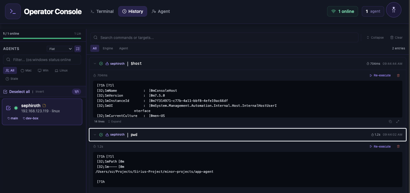 Operator Console multi-target mode enabling simultaneous command execution across multiple agents