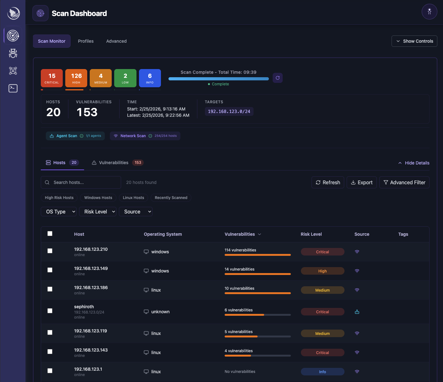 Scanning interface with profile selection, target configuration, and real-time scan progress
