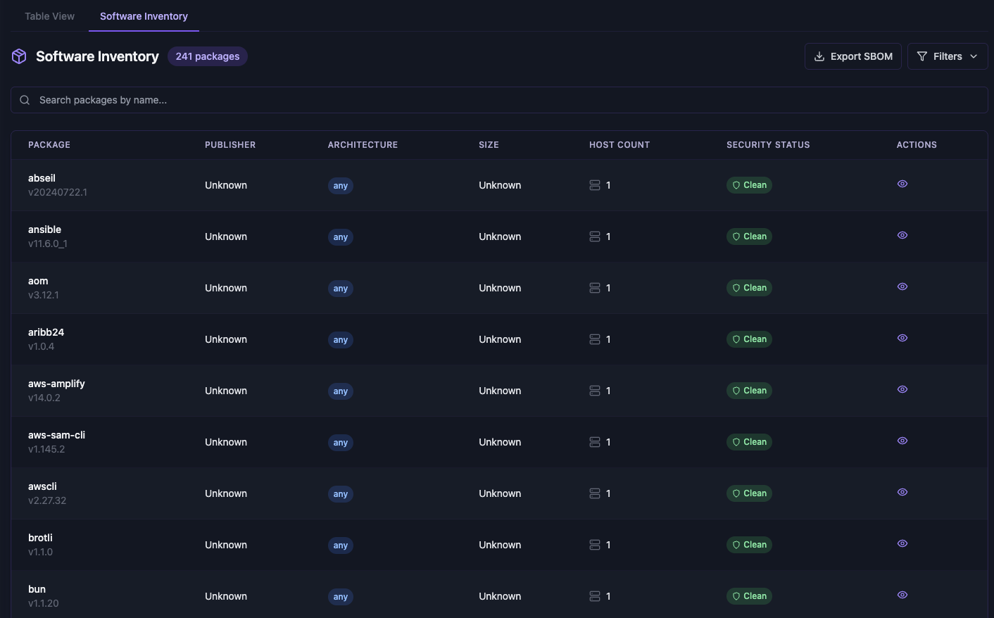 Software inventory table listing installed packages with architecture and security status
