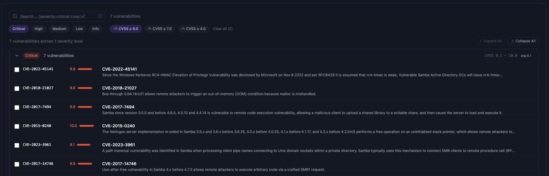 Grouped vulnerability triage view organizing findings by category for faster bulk assessment