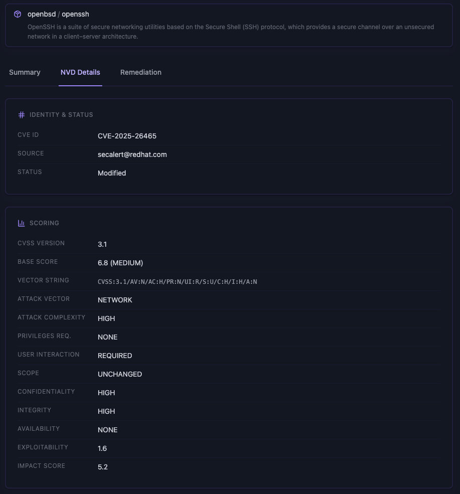 NVD detail tab showing CVSS scoring metadata and source references for a selected vulnerability